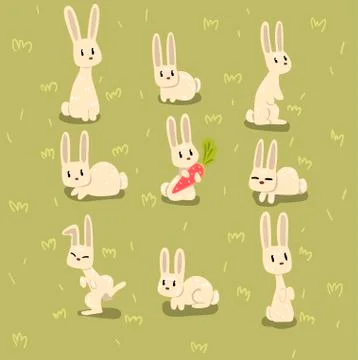 Flat vector set of small bunny in different poses on green grass. Funny animal Illustrazione stock