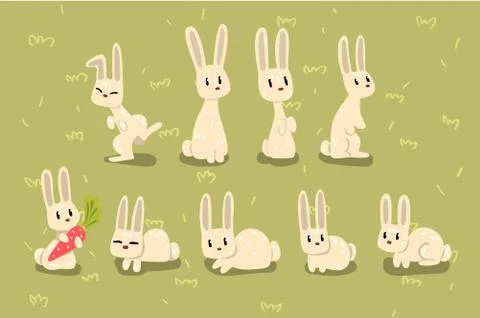 Flat vector set of small bunny in different poses on green grass. Funny animal Illustrazione stock