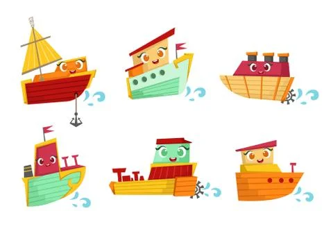 Flat vector set of small wooden boats with cute faces. Sea transport. Elements Stock Illustration