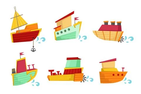 Flat vector set of small wooden boats with cute faces. Sea transport. Elements Stock Illustration