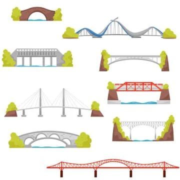 Flat vector set of stone, brick and metal bridges. City construction elements 库存插图