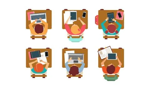 Flat vector set of students sitting behind desks, top view. Pupils of school or 스톡 일러스트