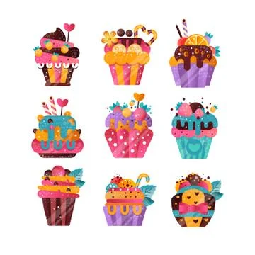 Flat vector set of tasty cupcakes with gradients and texture. Sweet muffins Stock Illustration