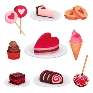 Flat vector set of tasty desserts for Valentine s day. Lollipops, slice of Stockillustratie