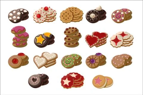 Flat vector set of tasty fresh-baked cookies with different flavours. Delicious Illustrazione stock