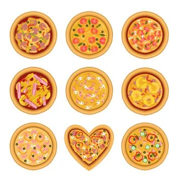 Flat vector set of tasty pizza with different ingredients. Delicious fast food Illustrazione stock