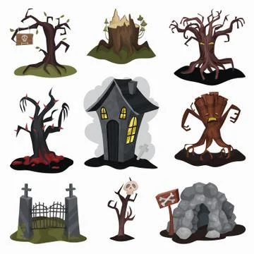 Flat vector set of terrible landscape elements. Creepy house, old dry trees イラスト素材