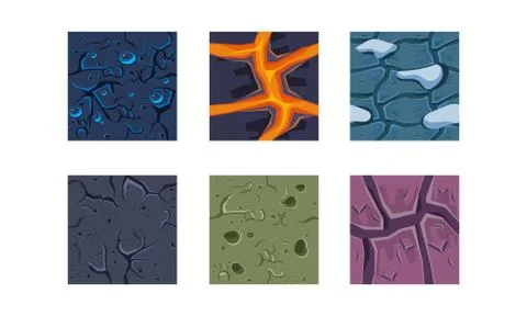 Flat vector set of textures for platform game. Lava, ground with water drops Stock Illustration