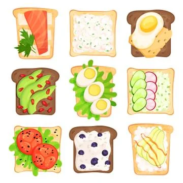 Flat vector set of toasted bread slices with different ingredients. Sandwiches Illustrazione stock