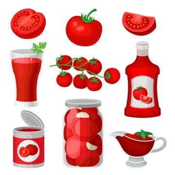 Flat vector set of tomato food and drinks. Healthy juice, ketchup and sauce Stock Illustration