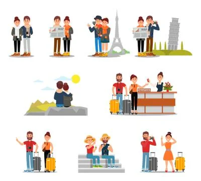 Flat vector set of tourists with suitcases, maps and cameras. People traveling Illustrazione stock