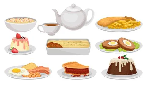 Flat vector set of traditional English food. Tasty dishes, desserts and tea Stock Illustration