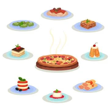 Flat vector set of traditional Italian food. Tasty dishes and sweet desserts Stock Illustration