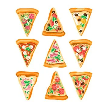 Flat vector set of triangle slices of pizza with different ingredients. Fast Illustrazione stock