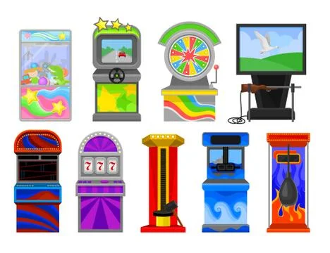 Flat vector set of various arcade machines. Boxing, claw crane, strength tester Stock Illustration