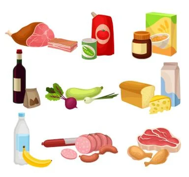 Flat vector set of various groceries. Fresh meat sausages and chicken , natural Stock Illustration