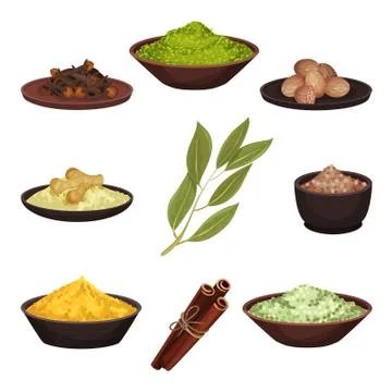 Flat vector set of various natural spices. Aromatic seasonings for food. Cooking Stockillustratie