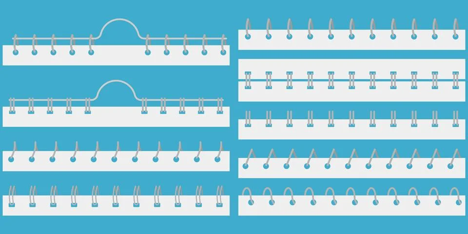 Flat vector set of various notebook wire and coil binding styles on a blue Stock Illustration
