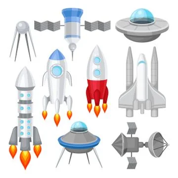 Flat vector set of various spacecrafts. Rockets with engine fire, large space Stock Illustration