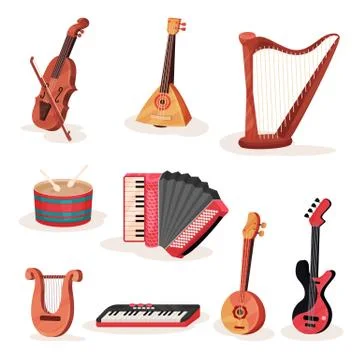 Flat vector set of various strings, keyboards and percussion musical instruments Stock Illustration