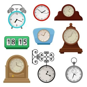 Flat vector set of various types on clocks. Stopwatch and alarm clock. Elements Stock Illustration