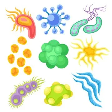 Flat vector set of various viruses. Structures of microorganisms under Stock Illustration