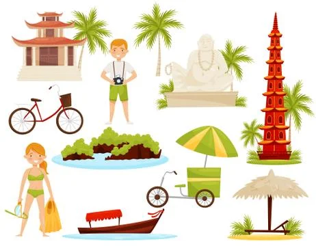 Flat vector set of Vietnamese cultural objects. Famous landmarks and historical Ilustración de archivo