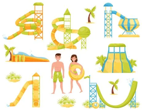Flat vector set of water slides, surfing wave pool and people in swimming suits Stock Illustration