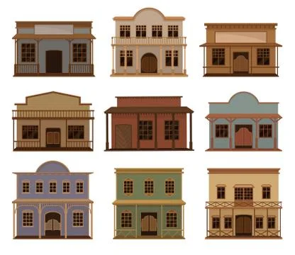 Flat vector set of western houses. Old wild west saloons. Wooden buildings with Ilustración de archivo
