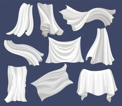 Flat vector set of white cloth. Silk bed sheet. Curtains flying on the wind Stock Illustration