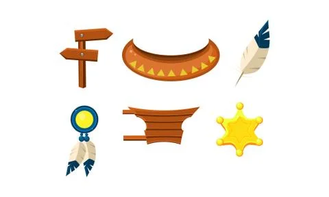 Flat vector set of wild west elements. Sheriff badge, wooden sign and board Illustrazione stock
