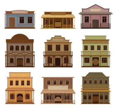 Flat vector set of wooden western houses. Old saloons with swinging doors and Stock Illustration