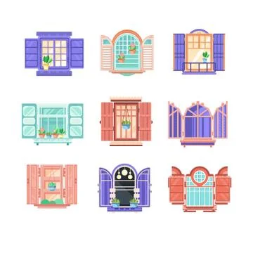 Flat vector set of wooden window frames with doors. Elements for building Stock Illustration