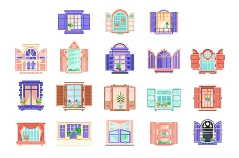Flat vector set of wooden window frames with doors. Elements for building Stock Illustration