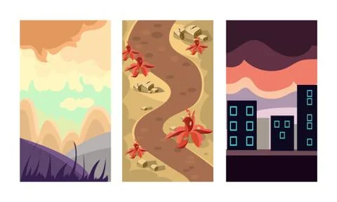 Flat vector setof 3 vertical backgrounds for online mobile game. Scenes with Illustrazione stock