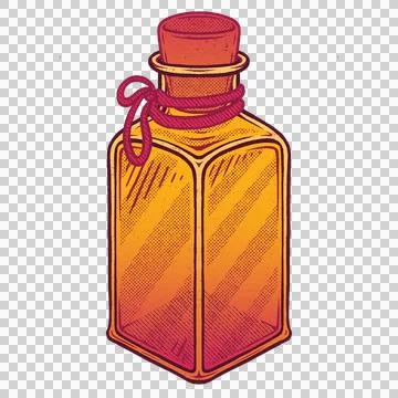 Flat vector is showcasing square-base glass bottle with warm gradient and red Stockillustratie