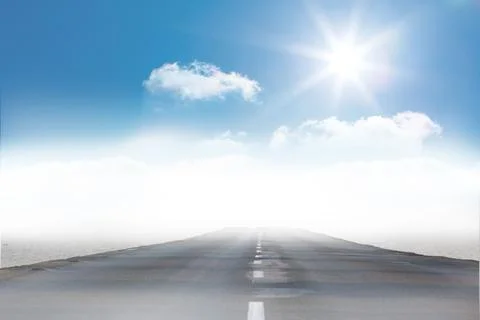Flat vector showing asphalt road dashed white centerline heading into fog under Stock Illustration