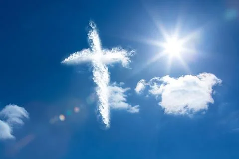 Flat vector showing cross-shaped cloud drifting under sun radiating lens flare, Stock Photos