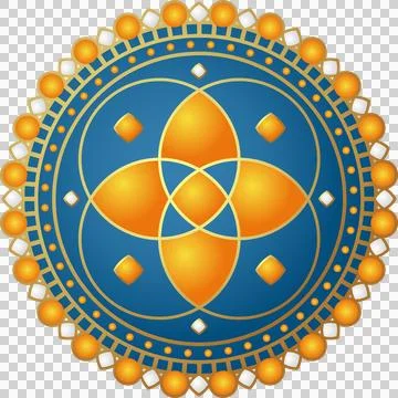 Flat vector is showing emblem with gold rings, orange petals on transparent 스톡 일러스트