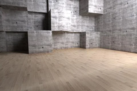 Flat vector showing empty loft interior, highlighting wood floor and geometric Stock Photos
