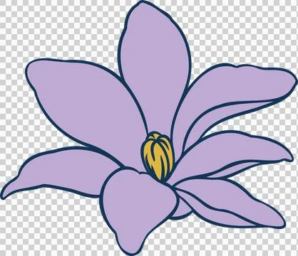 Flat vector is showing lavender bloom with 7 petals outlined navy, yellow stamen Stock Illustration