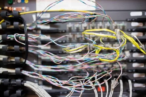 Flat vector is showing multicolored twisted-pair and yellow-sheathed cables Stockfoto's