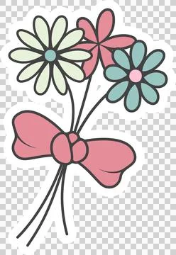 Flat vector showing pastel daisy bouquet, pink ribbon bow, white outline, Stock Illustration