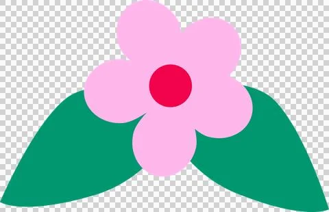 Flat vector is showing pink five petal flower with red core, green leaves on Illustrazione stock