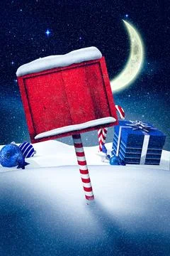 Flat vector showing red signboard post in snow with blue ornaments, candy canes, Stock Illustration