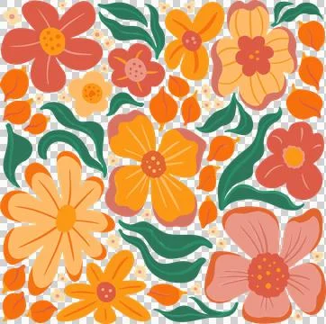Flat vector showing stylized orange peach yellow flowers and green leaves on 스톡 일러스트