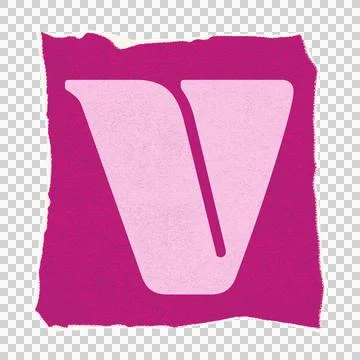 Flat vector showing stylized uppercase V on torn-edged magenta square, Stock Illustration