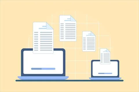 Flat vector showing two laptops transferring files and documents Illustrazione stock