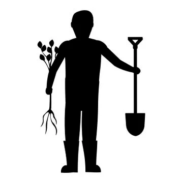Flat vector silhouette of a character gardener with a plant and a shovel. Stock Illustration