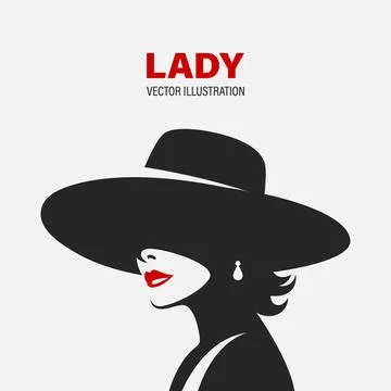 Flat Vector Silhouette of a Lady. Portrait of a Woman in a Hat. Elegant and Illustrazione stock